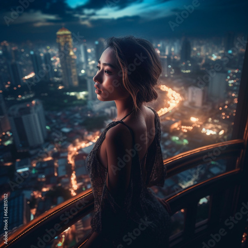 woman in the city in beautiful night time ai generated style 