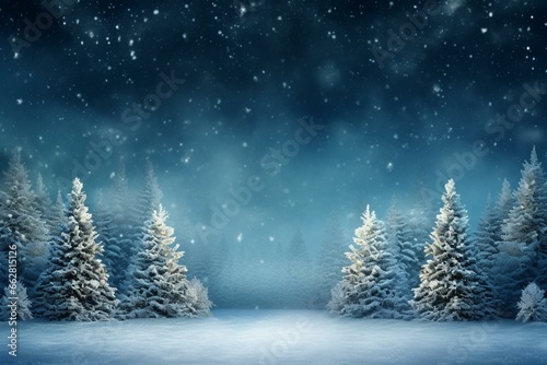 Snowy winter background with Christmas trees, frosty night, and pines covered in hoarfrost. Generative AI