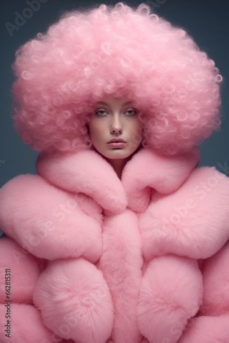 A stunning model embraces the winter chill  wrapped in a luxurious pink fur jacket as she cuddles a toy doll in an indoor wonderland of style and grace