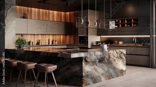 A designer kitchen with a mix of textured surfaces and high-end fixtures photo