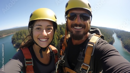 A happy couple takes a selfie just before a bungee jump from a bridge