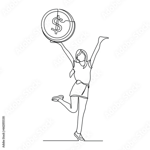 Continuous single line sketch drawing art of business woman with big money coin. Vector illustration one line of loss dollar coins money