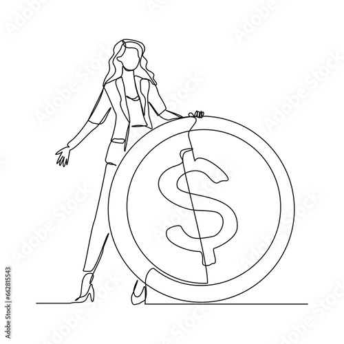 Continuous single line sketch drawing art of business woman with big money coin. Vector illustration one line of loss dollar coins money