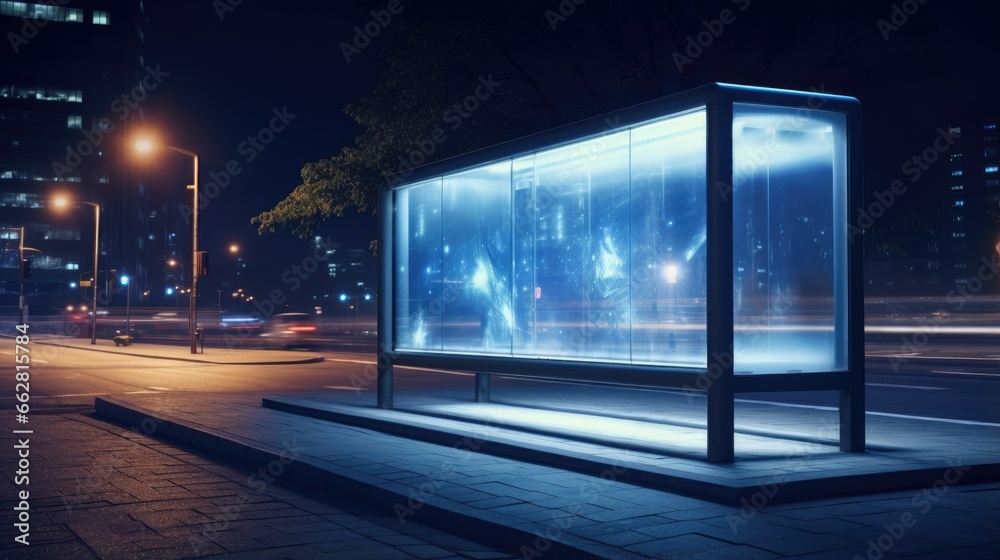 blank billboard bus stop night with lights cars passing by. Resolution and high quality beautiful photo - obrazy, fototapety, plakaty 
