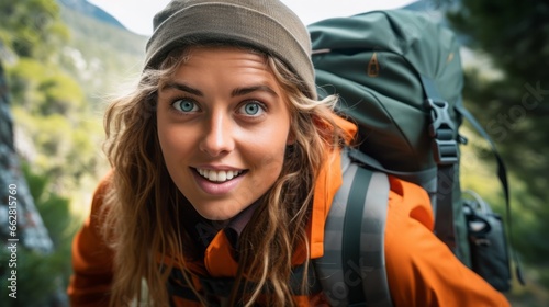 a young woman with cap and backpack walks up a mountain smiling, close-up