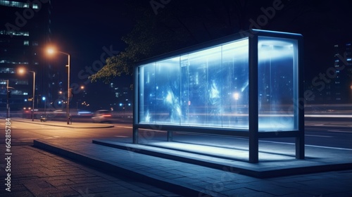 blank billboard bus stop night with lights cars passing by. Resolution and high quality beautiful photo