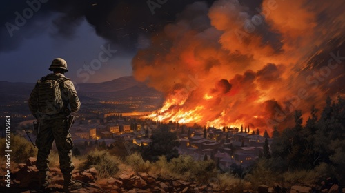 an illustration of an apocalyptic fire in a town in the mountains at night and a soldier with helmet and rucksack looking down on the conflagration from an elevation