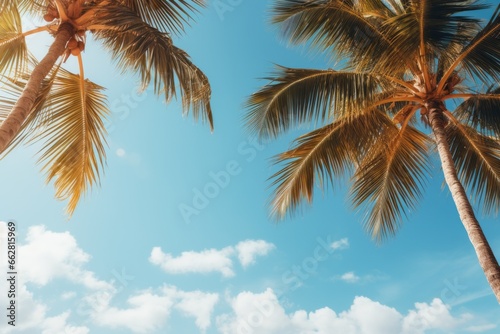 View up to two coconut palms with the blue sky in the background