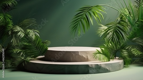 3D background with stone podium display. Nature rock pedestal with tropical palm leaf and shadow on green background. Cosmetic, beauty product promotion stand with plant. Studio 3D render illustration