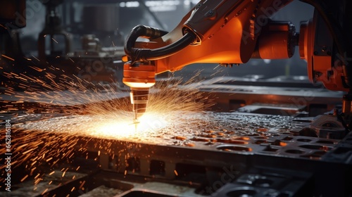 Metalworking, robotic, industrial concept. Direct metal deposition - advanced additive laser melting and powder spray manufacturing technology for repair, rebuild metal workpieces photo