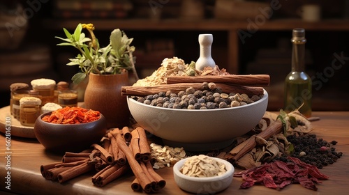 Traditional chinese medicine with herb and spices in brown wooden background mortar and pestile , for medicine advertising , photography traditional medicine content