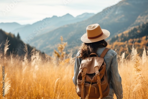 Young woman with backpack hiking in the mountains. Travel and adventure concept.