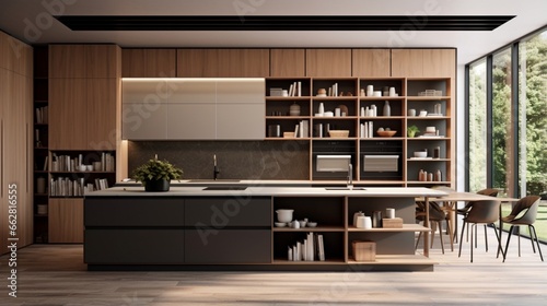 A designer kitchen with open shelving and hidden appliances photo