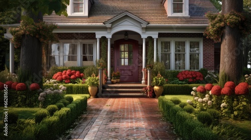 Front door of classic home with landscaped front yard and brick path. © HN Works