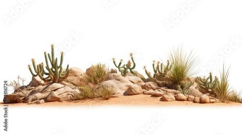 desert scene  dry plants with rocks  isolated on white background banner  3d rendering