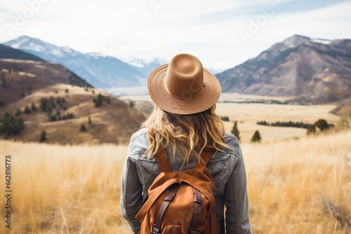 Young woman with backpack hiking in the mountains. Travel and adventure concept.