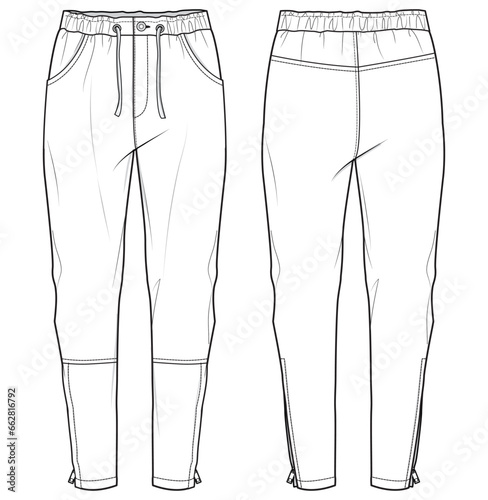 Men's Sports Jogger bottom front and back view flat sketch fashion illustration, Knitted Active track pants vector template, Sweatpants design drawing