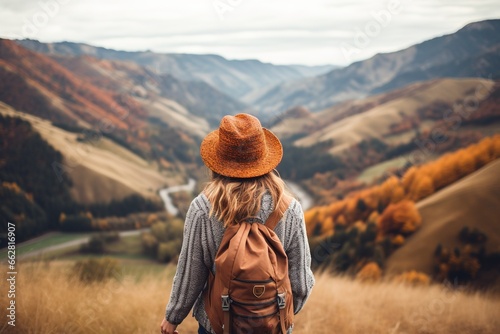 Young woman with backpack hiking in the mountains. Travel and adventure concept.