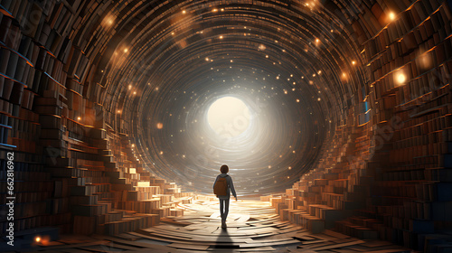 Produce a thought-provoking visual of a person walking through a tunnel of books, each book radiating light and knowledge, representing the transformative journey of education and enlightenment