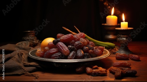 Plate of dates and dried fruits with candle