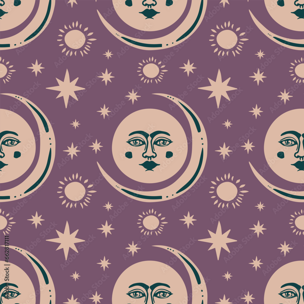 Moon and crescent on a purple background decorated with stars seamless pattern. Vector ornament in reto style.