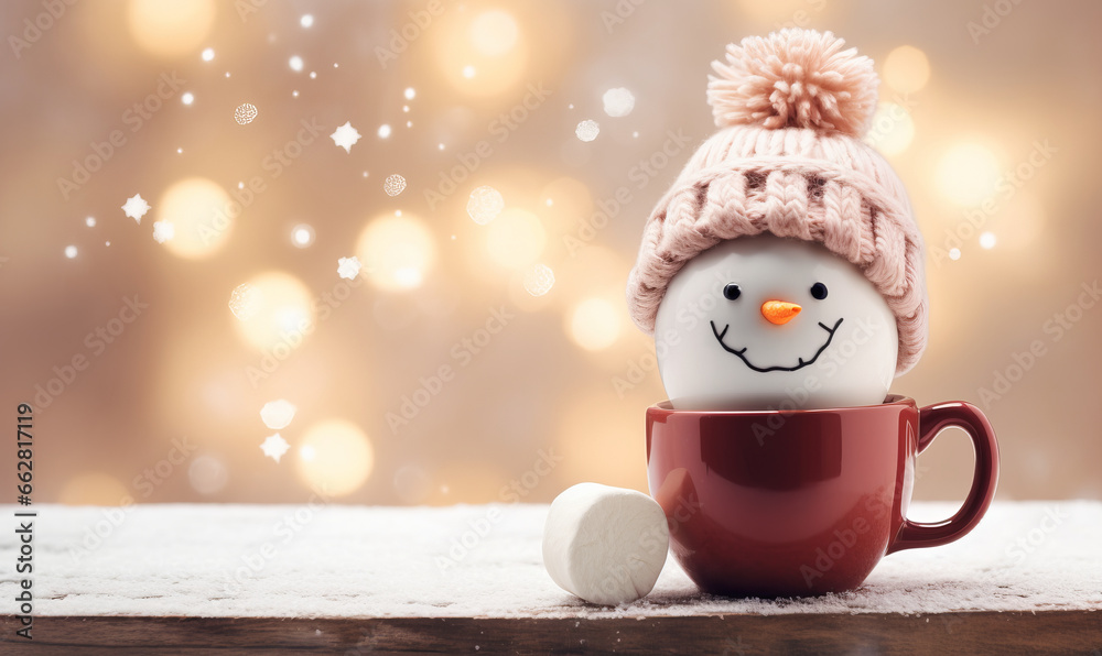 A warm cozy mug of hot chocolate with a snowman marshmallow. Winter drink - obrazy, fototapety, plakaty 