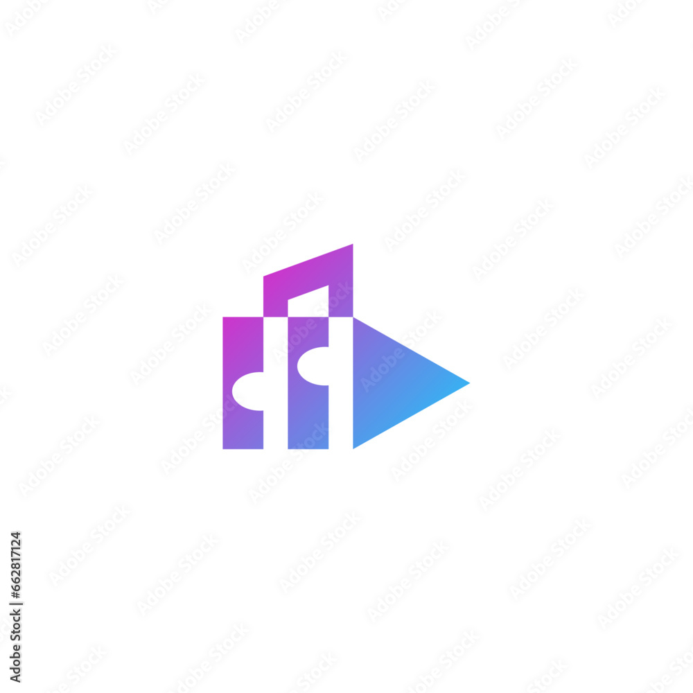 Pause and play button combination with musical note logo design. Pause and play button combination with musical note logo design.