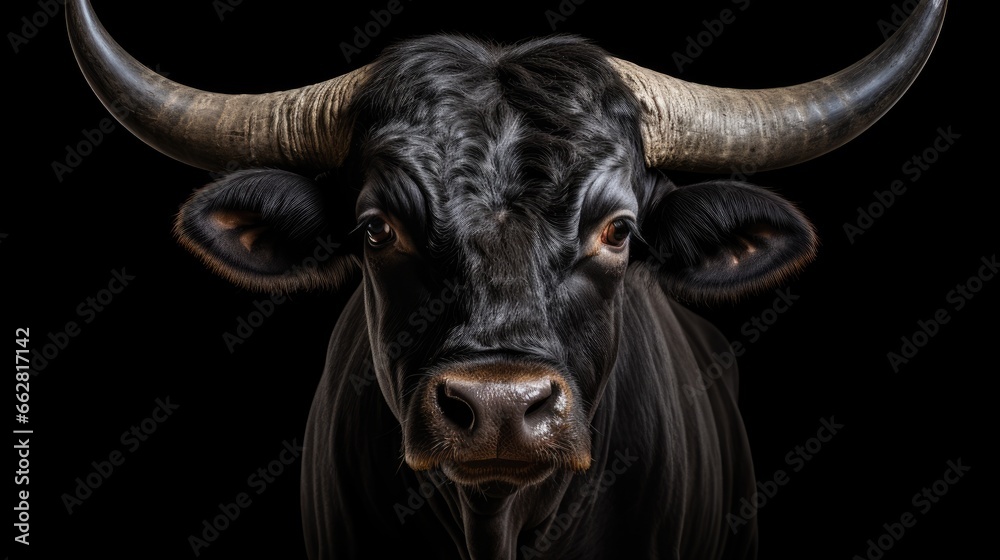 black camargue bull face portrait isolated on white background - obrazy, fototapety, plakaty 