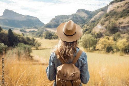 Young woman with backpack hiking in the mountains. Travel and adventure concept. © Rudsaphon