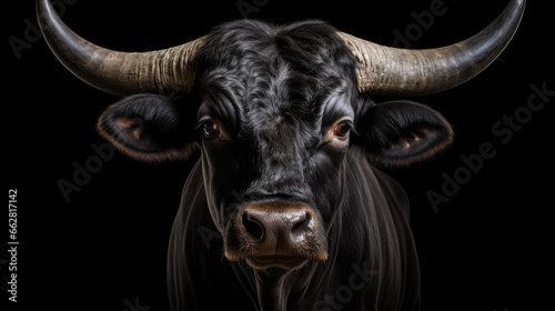 black camargue bull face portrait isolated on white background