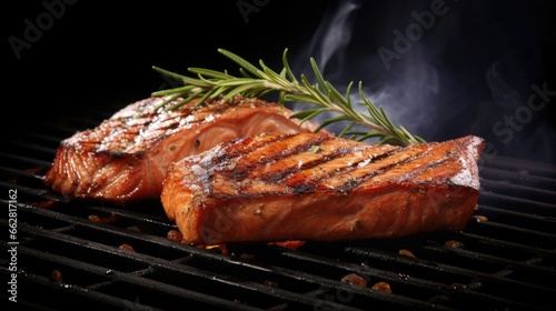 BBQ grilled Salmon Fish Steak on a grill with thyme and pink salt. Isolated on white background