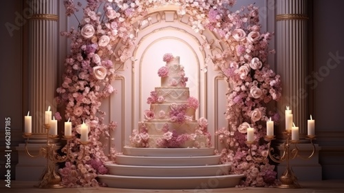 Large luxury wedding cake on a background of a flowering arch in the style of boho. Wedding dessert under the light of evening light bulbs. Wedding decor.