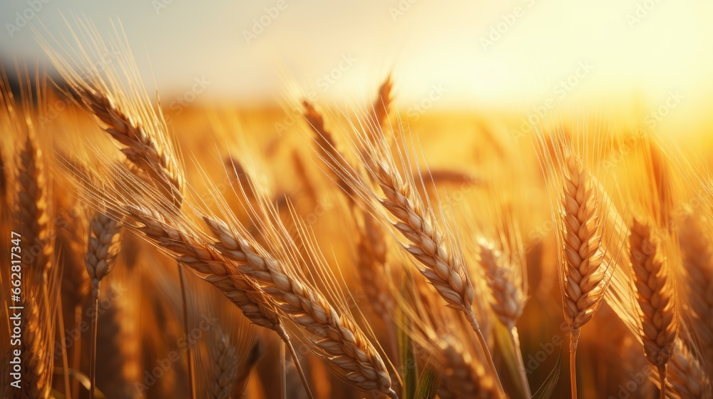 Beautiful agriculture sunset landscape. Ears of golden wheat close up. Rural scene under sunlight. Summer background of ripening ears of landscape. Growth nature harvest. Wheat field natural product