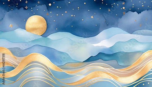 Magical ocean waves illustration background. Blue, yellow, teal watercolor water wave fantasy backdrop. Nautical wavy sunny sky clouds painting banner for kids, children, babies nursery 