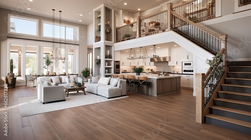 Stunning Panorama of Luxury Home Interior with Open Concept Floor Plan: Shows Living Room, Dining Room, Kitchen, and Entry. Elegant Stairs Lead up to Second Story.