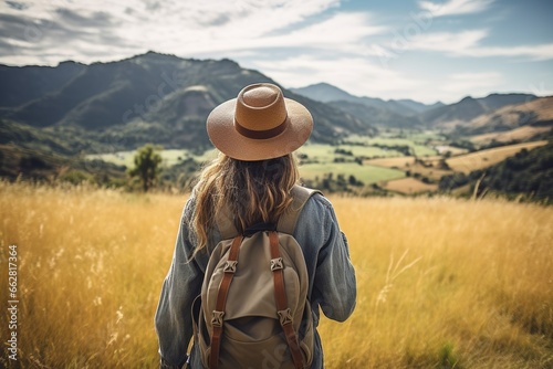 Young woman with backpack hiking in the mountains. Travel and adventure concept. © Rudsaphon