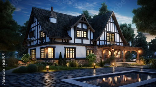 3d rendering of cute cozy white and black modern Tudor style house with parking and pool for sale or rent with beautiful landscaping. Fairy roofs. Clear summer night with many stars on the sky.