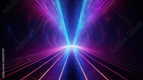 3d render, abstract minimal background, glowing lines tunnel, arch, corridor, pink blue neon lights, ultraviolet spectrum, virtual reality, laser show