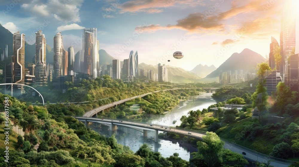 Futuristic sustainable green city, concept of city of the future based on green energy and eco industry, future city with skyscrapers and modern buildings. - obrazy, fototapety, plakaty 