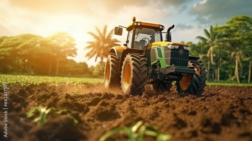 Pushcart or tractor truck is rotary tillers for excavator in the farm for gardening with sunlight and tree background at the plantation agriculture. Pushcart or tractor truck is rotary tillers for excavator in the farm for gardening with sunlight and tree background at the plantation agriculture.
