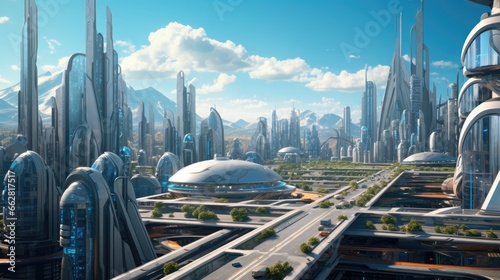 Futuristic sustainable green city  concept of city of the future based on green energy and eco industry  future city with skyscrapers and modern buildings.
