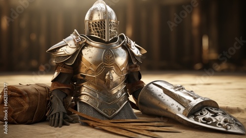 3D illustration of armor of God with helmet of salvation, breastplate of righteousness, belt of truth, shoes of readiness, sword of the spirit and shield of faith from Ephesians 6:13-14 bible verse. photo