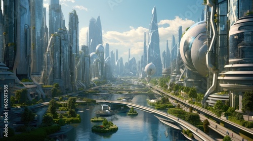 Futuristic sustainable green city, concept of city of the future based on green energy and eco industry, future city with skyscrapers and modern buildings. © Thanaphon