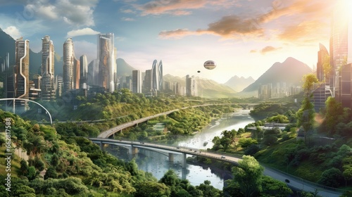 Futuristic sustainable green city, concept of city of the future based on green energy and eco industry, future city with skyscrapers and modern buildings. photo