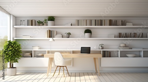 All White Modern Contemporary Home Office with Shelves Setup 3d illustration render