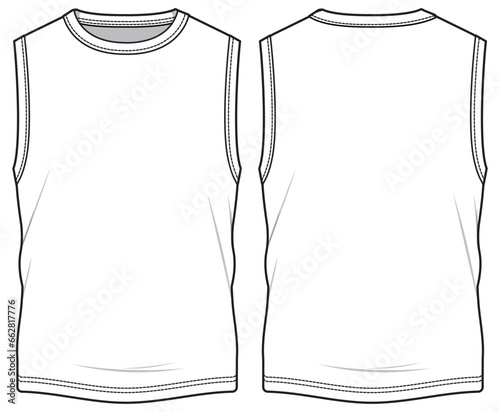 Men's sleeveless T Shirt vest design flat sketch fashion illustration drawing template mock up with front and back view. Tank top cad drawing template