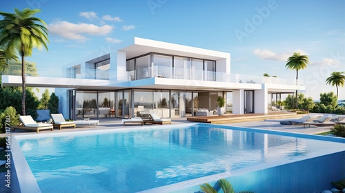 Perspective of modern house with swimming pool on sea background, Exterior. 3d rendering. © HN Works