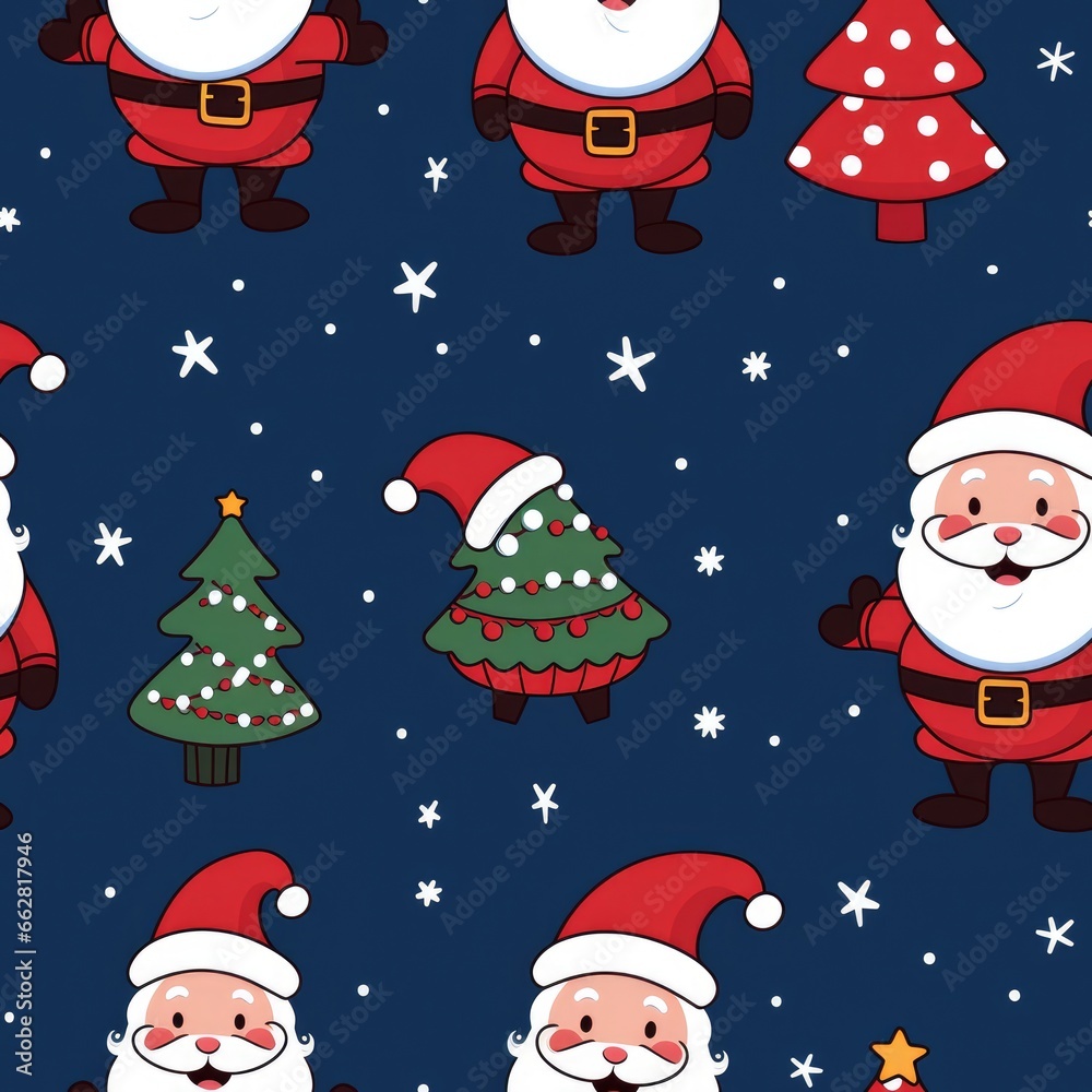 Naklejka premium Seamless pattern with christmas tree, santa cros, gifts and snowflakes on green background.