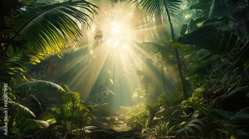 Beautiful magical palm, fabulous trees. Palm Forest jungle landscape, sun rays illuminate the leaves and branches of trees. Magical summer. 3d illustration