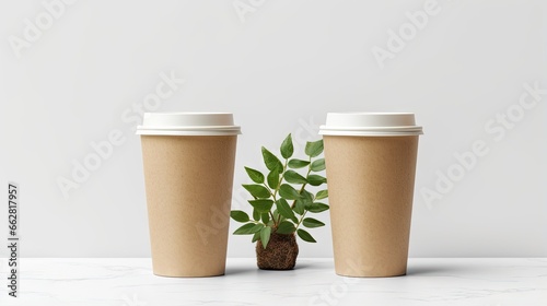 Banner with eco-friendly coffee to go cups - kraft paper cup with green leaves above on light grey background with copyspace. Recycled kraft paper packaging and zero waste concept, mockup image